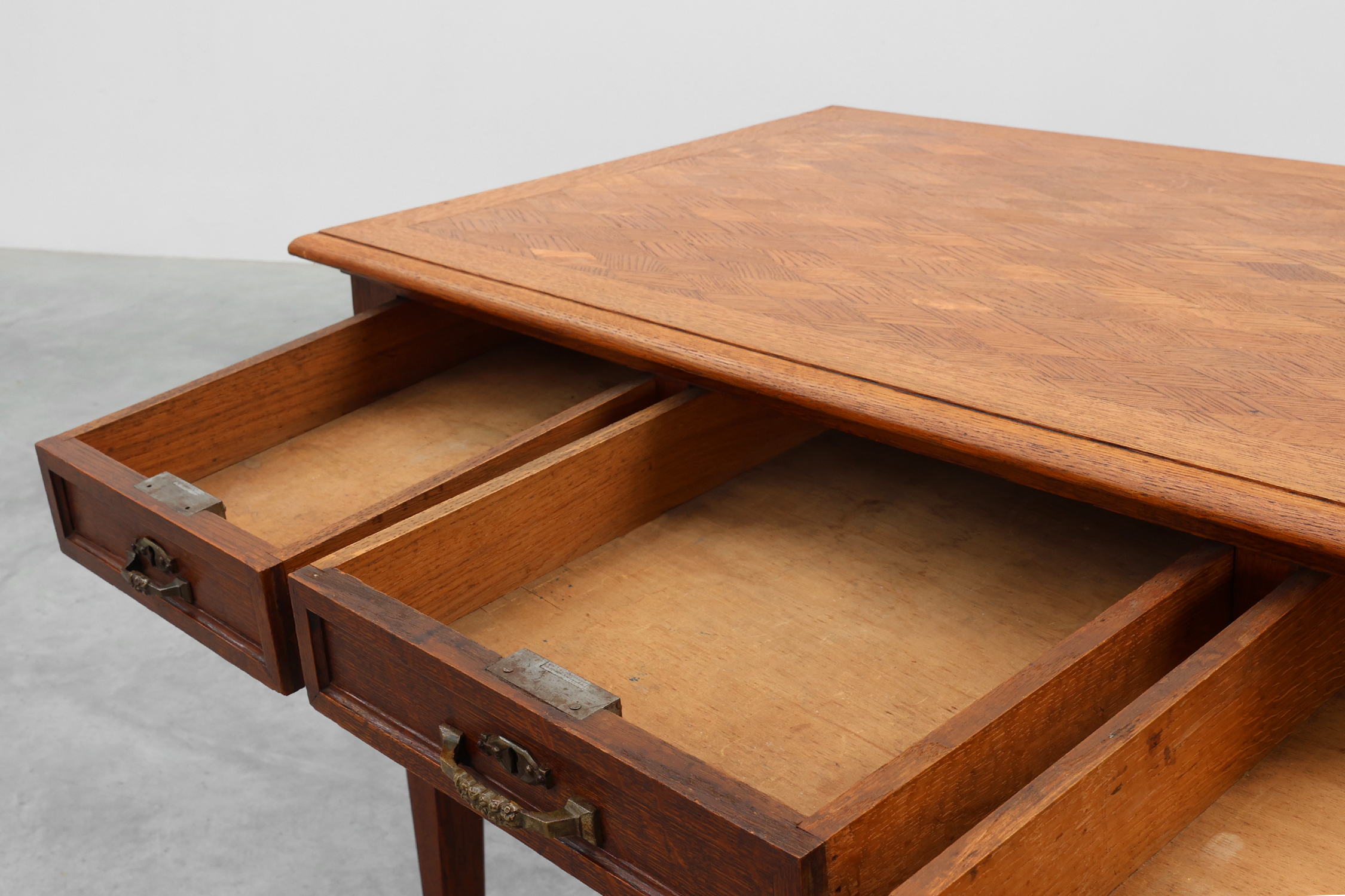 Art Deco carved oak Desk or Table with copper details, Belgium 1920sthumbnail